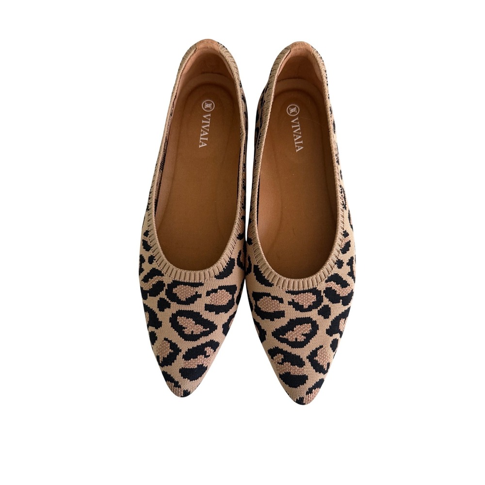VIVAIA Aria 5.0 Leopard Print Pointed Toe Knit Ballet Flats Tan Black Size EU 39
